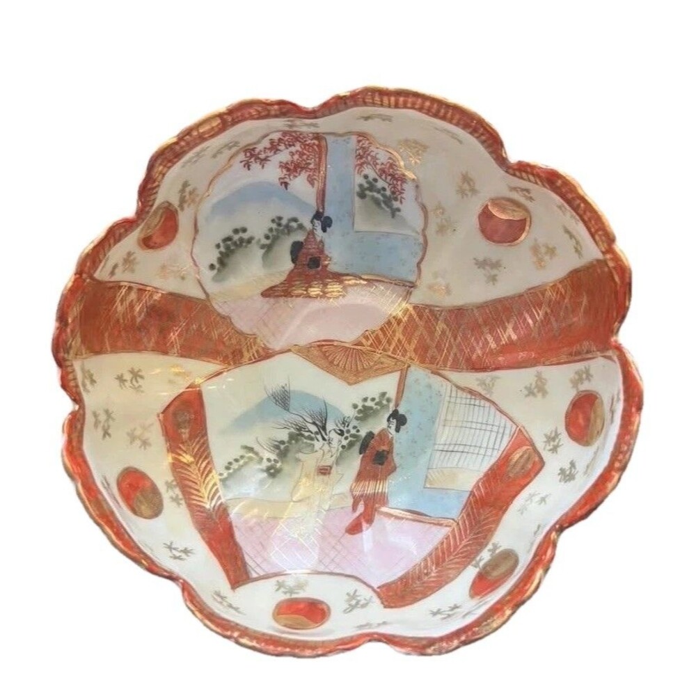VTG Japanese Nippon Kutani Porcelain Lobed Scalloped Geisha Girl Berry Bowl 7”D